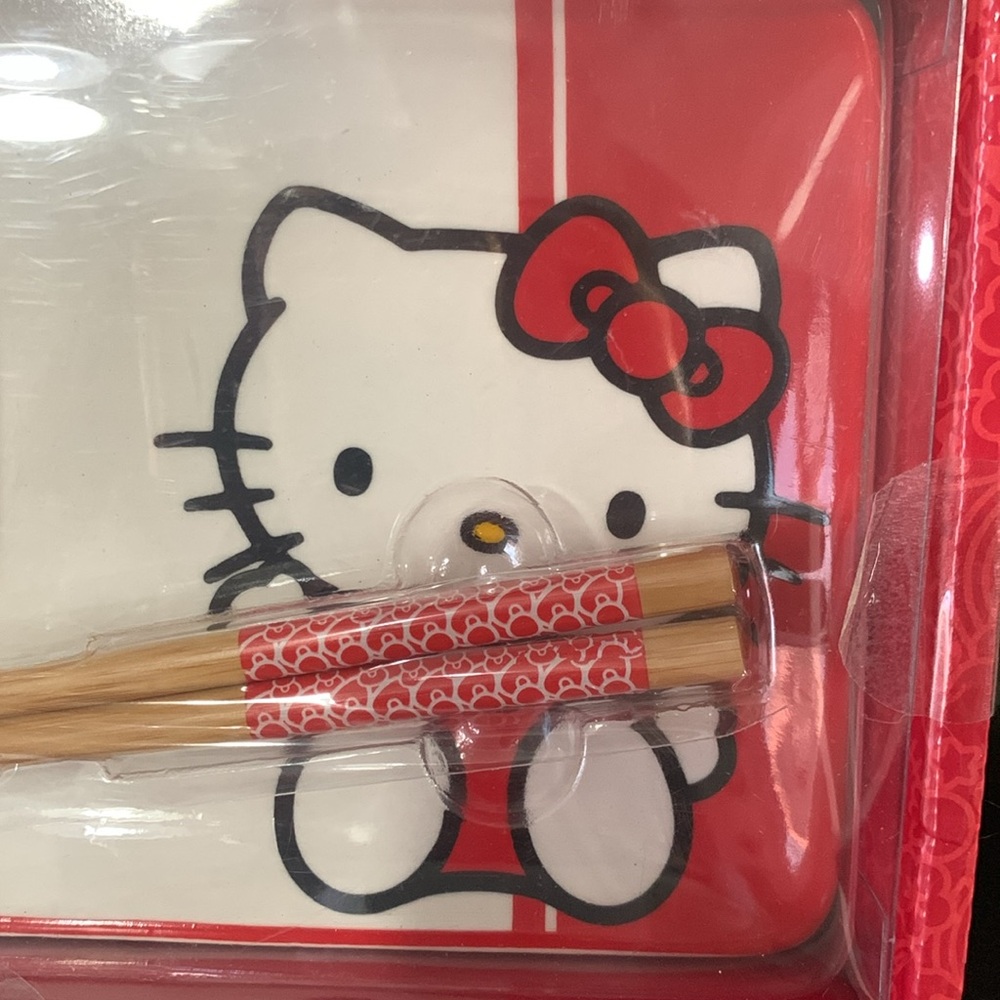 New Hello Kitty Red Japanese Sushi Ceramic Plate Set With Chopsticks By Sanrio - Picture 2 of 8